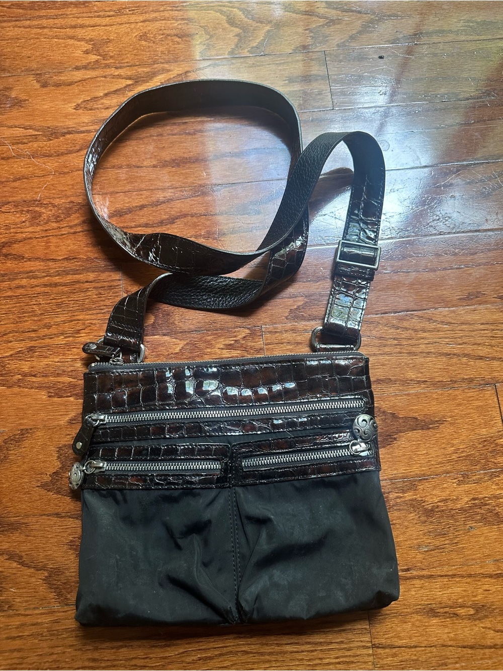 Brighton Brown Croc-Embossed Leather & Black Messenger Crossbody